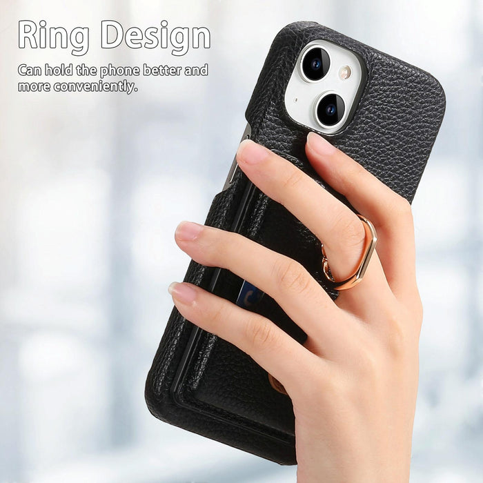 For Iphone 15 Litchi Leather Oil Edge Ring Card Back Phone Case