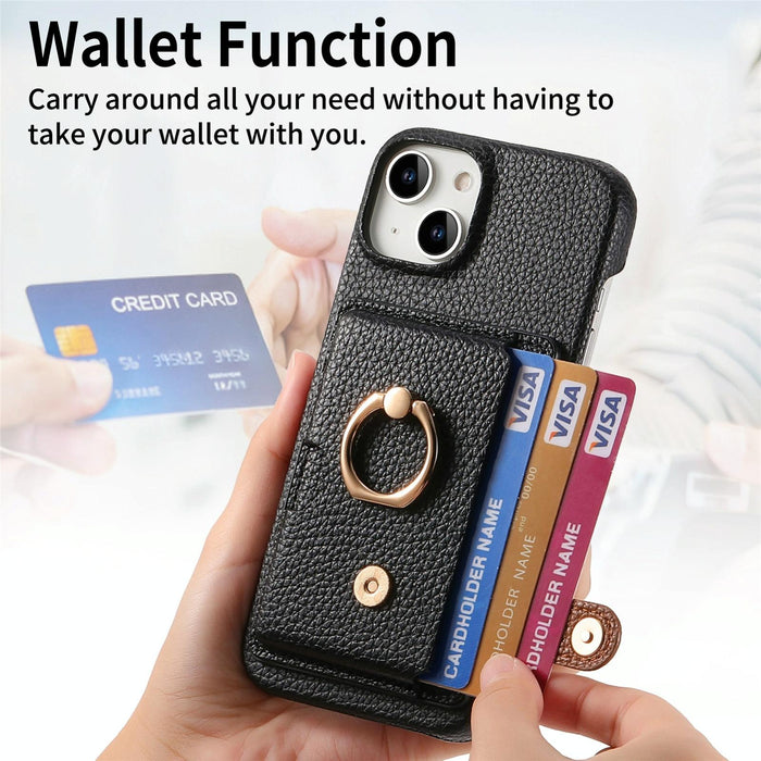 For Iphone 15 Litchi Leather Oil Edge Ring Card Back Phone Case