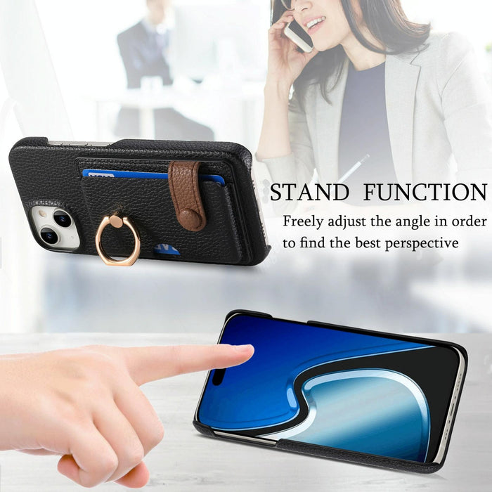 For Iphone 15 Litchi Leather Oil Edge Ring Card Back Phone Case