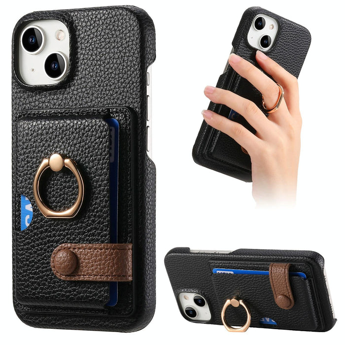 For Iphone 15 Litchi Leather Oil Edge Ring Card Back Phone Case