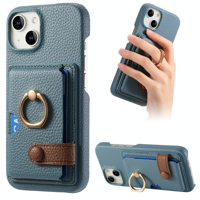 For Iphone 15 Litchi Leather Oil Edge Ring Card Back Phone Case