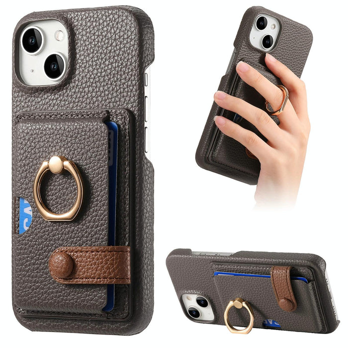 For Iphone 15 Litchi Leather Oil Edge Ring Card Back Phone Case