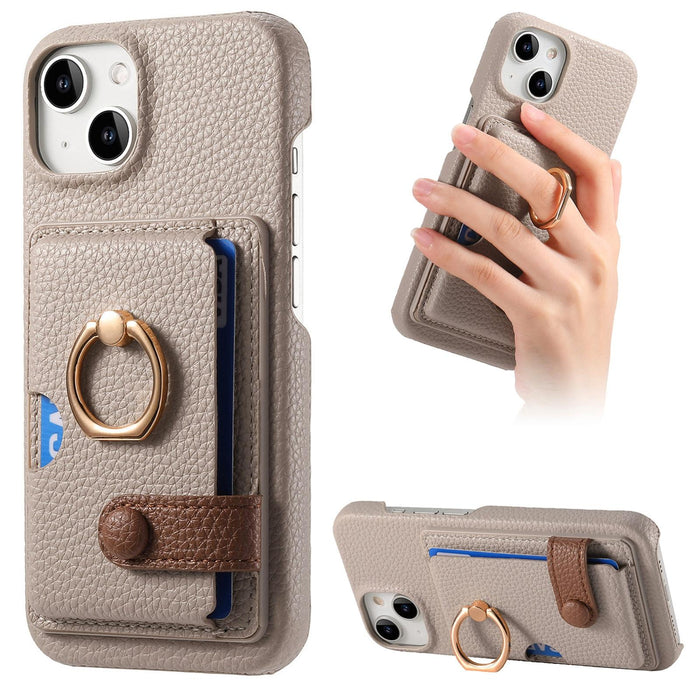 For Iphone 15 Litchi Leather Oil Edge Ring Card Back Phone Case