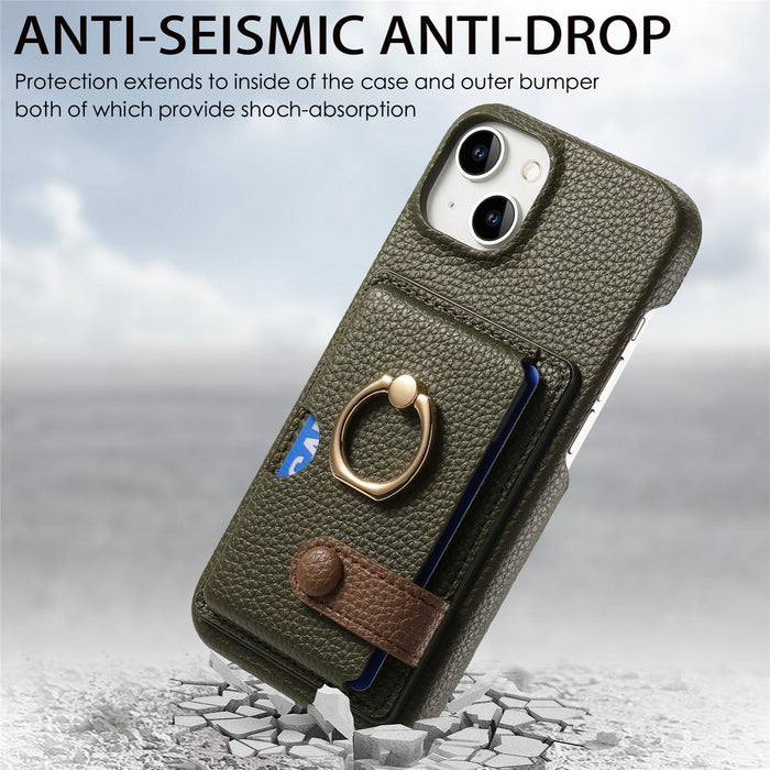 For Iphone 15 Litchi Leather Oil Edge Ring Card Back Phone Case