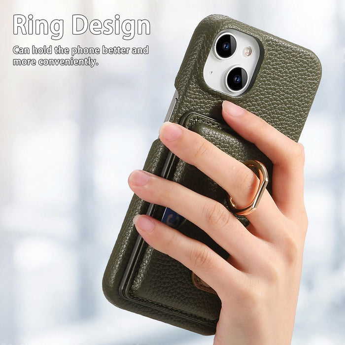 For Iphone 15 Litchi Leather Oil Edge Ring Card Back Phone Case