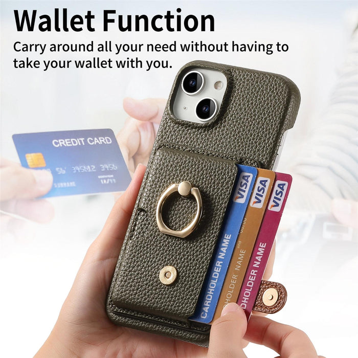 For Iphone 15 Litchi Leather Oil Edge Ring Card Back Phone Case