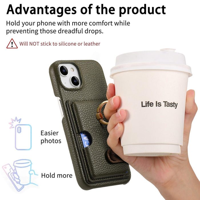 For Iphone 15 Litchi Leather Oil Edge Ring Card Back Phone Case