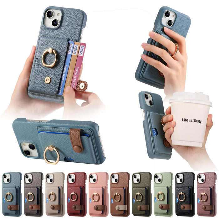 For Iphone 15 Litchi Leather Oil Edge Ring Card Back Phone Case