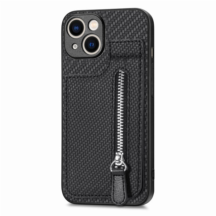 For Iphone 15 Carbon Fiber Vertical Flip Zipper Phone Case