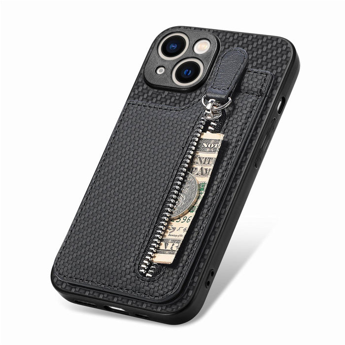 For Iphone 15 Carbon Fiber Vertical Flip Zipper Phone Case