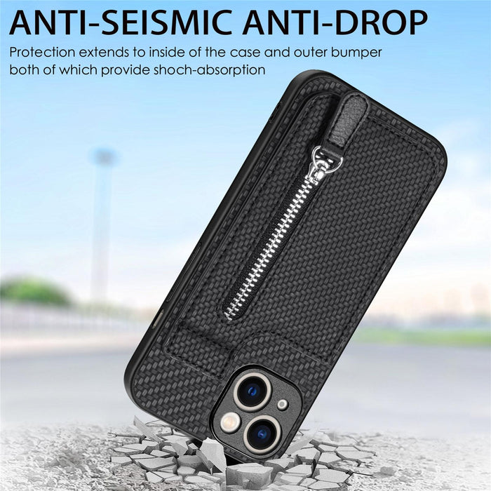 For Iphone 15 Carbon Fiber Vertical Flip Zipper Phone Case