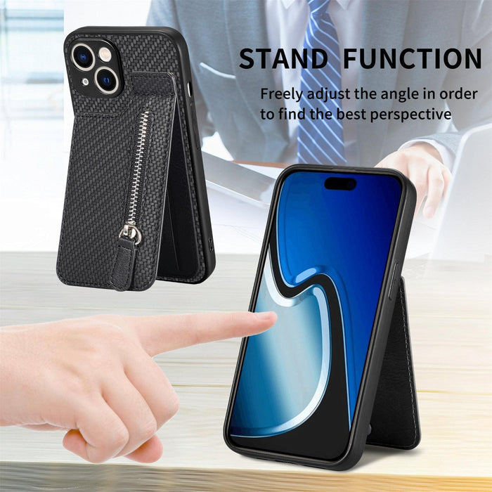 For Iphone 15 Carbon Fiber Vertical Flip Zipper Phone Case