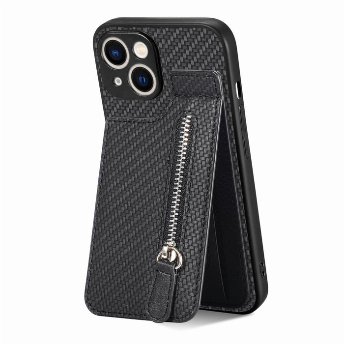 For Iphone 15 Carbon Fiber Vertical Flip Zipper Phone Case