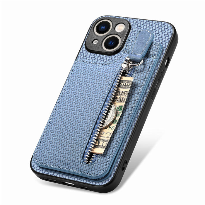 For Iphone 15 Carbon Fiber Vertical Flip Zipper Phone Case