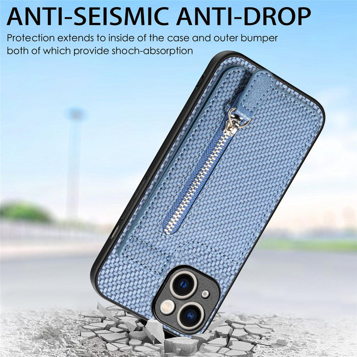 For Iphone 15 Carbon Fiber Vertical Flip Zipper Phone Case