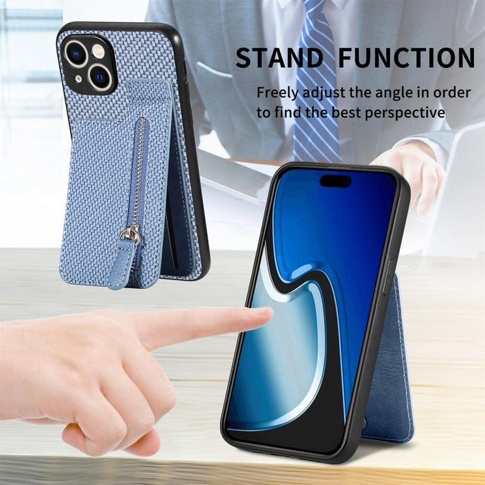 For Iphone 15 Carbon Fiber Vertical Flip Zipper Phone Case