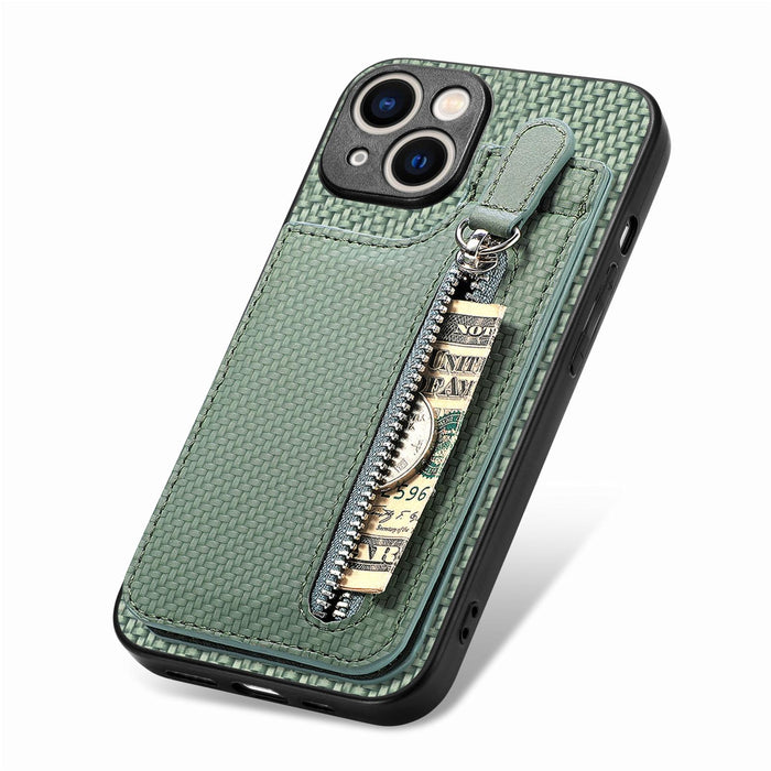 For Iphone 15 Carbon Fiber Vertical Flip Zipper Phone Case