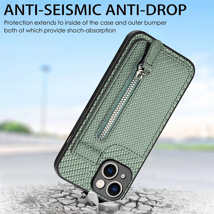 For Iphone 15 Carbon Fiber Vertical Flip Zipper Phone Case