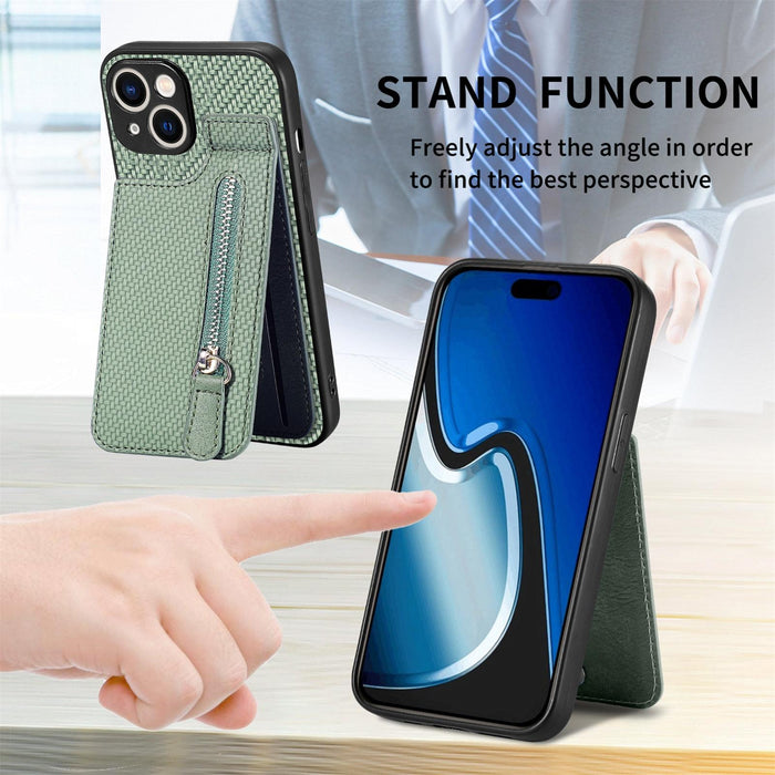 For Iphone 15 Carbon Fiber Vertical Flip Zipper Phone Case
