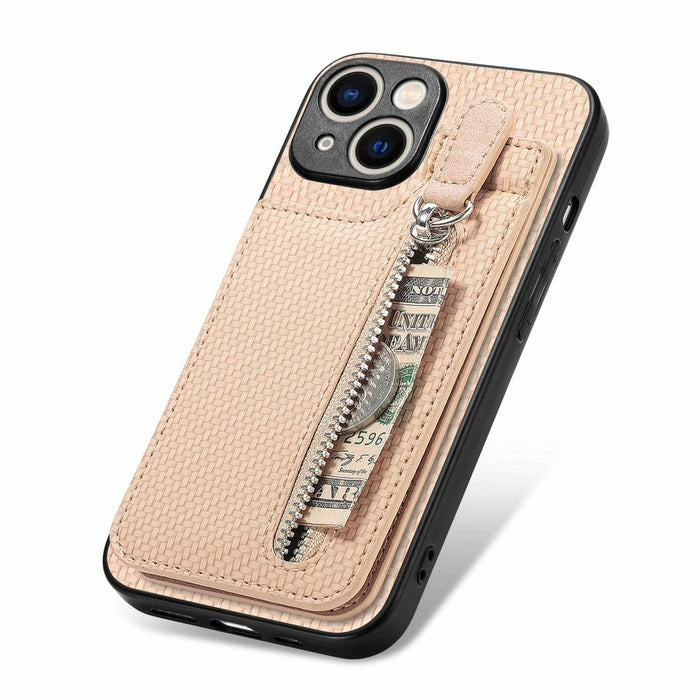 For Iphone 15 Carbon Fiber Vertical Flip Zipper Phone Case