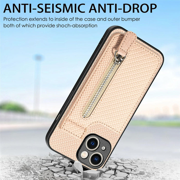 For Iphone 15 Carbon Fiber Vertical Flip Zipper Phone Case