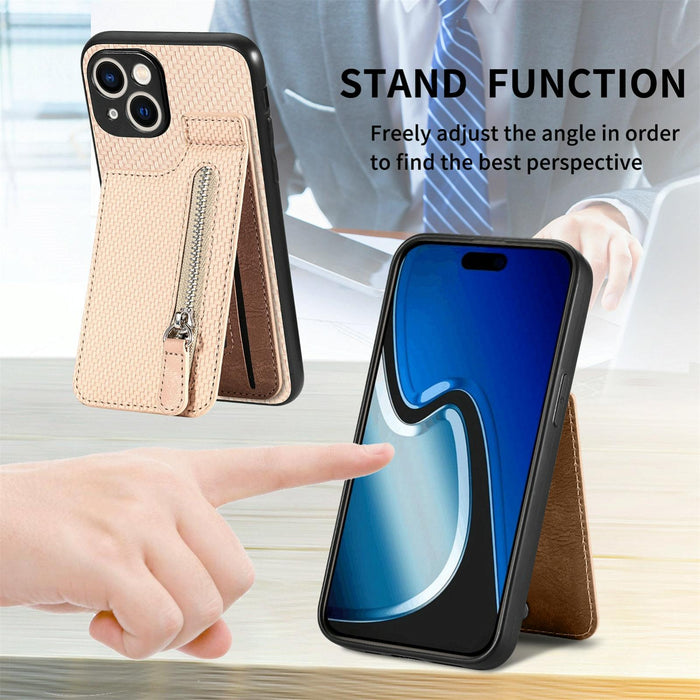 For Iphone 15 Carbon Fiber Vertical Flip Zipper Phone Case