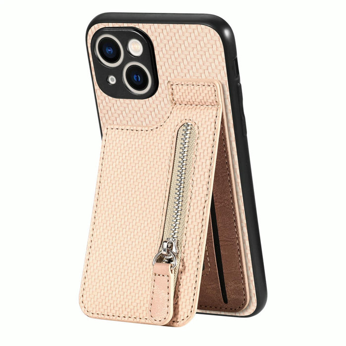 For Iphone 15 Carbon Fiber Vertical Flip Zipper Phone Case