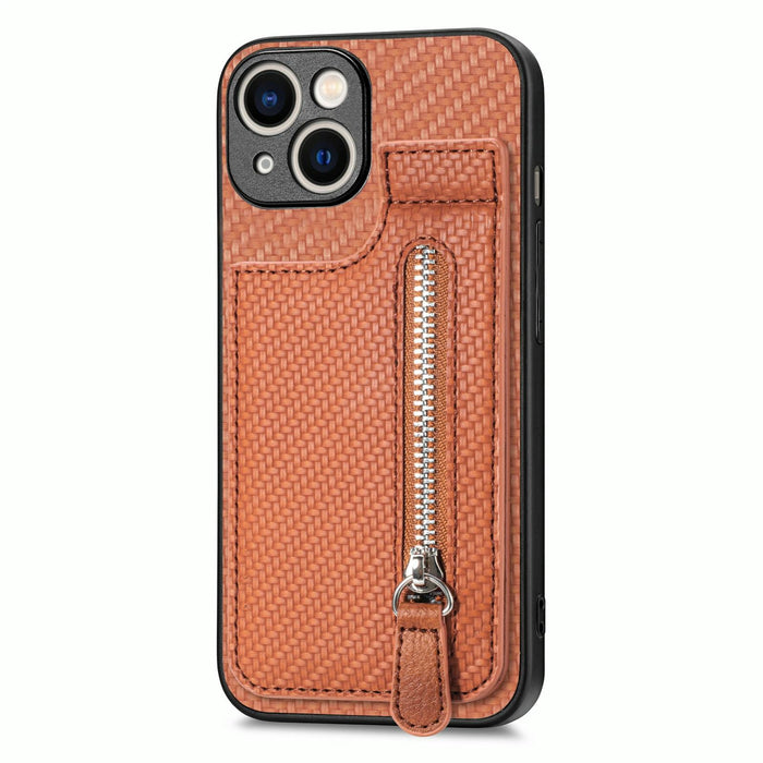 For Iphone 15 Carbon Fiber Vertical Flip Zipper Phone Case