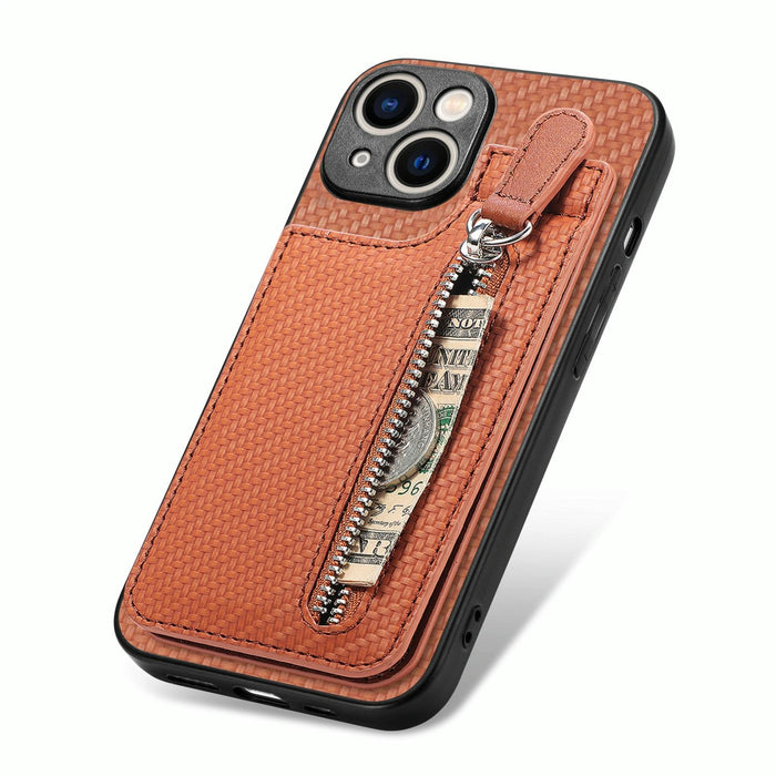 For Iphone 15 Carbon Fiber Vertical Flip Zipper Phone Case