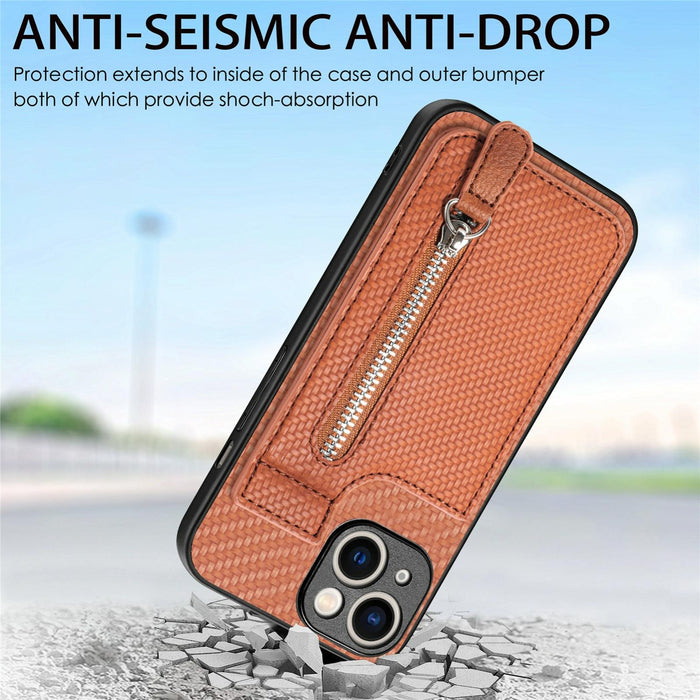 For Iphone 15 Carbon Fiber Vertical Flip Zipper Phone Case