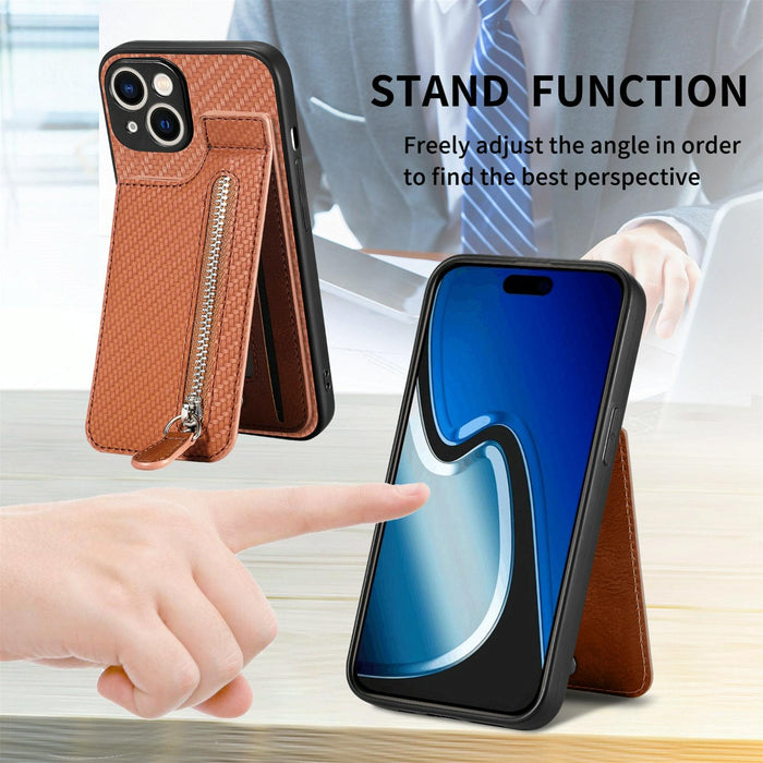 For Iphone 15 Carbon Fiber Vertical Flip Zipper Phone Case