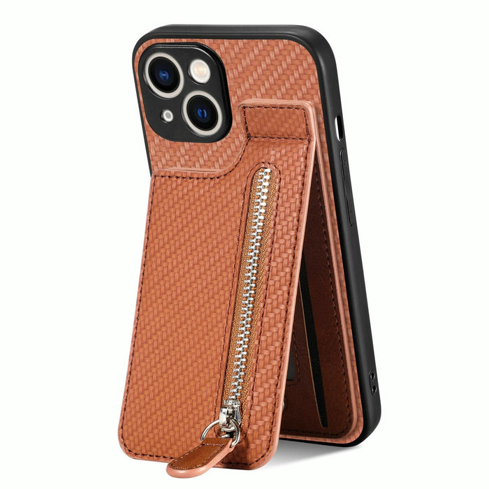 For Iphone 15 Carbon Fiber Vertical Flip Zipper Phone Case