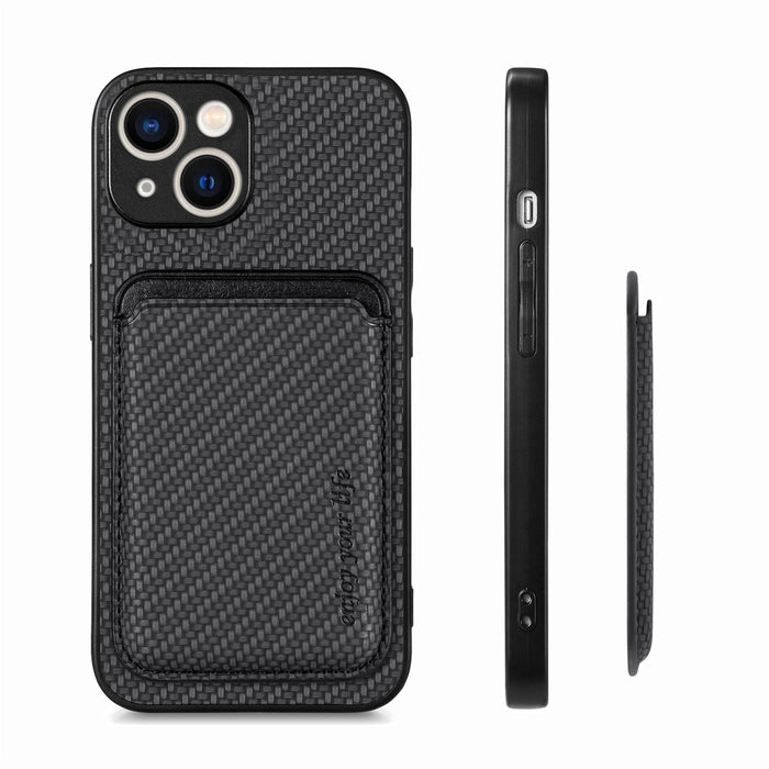 For Iphone 15 Carbon Fiber Leather Card Magsafe Phone Case