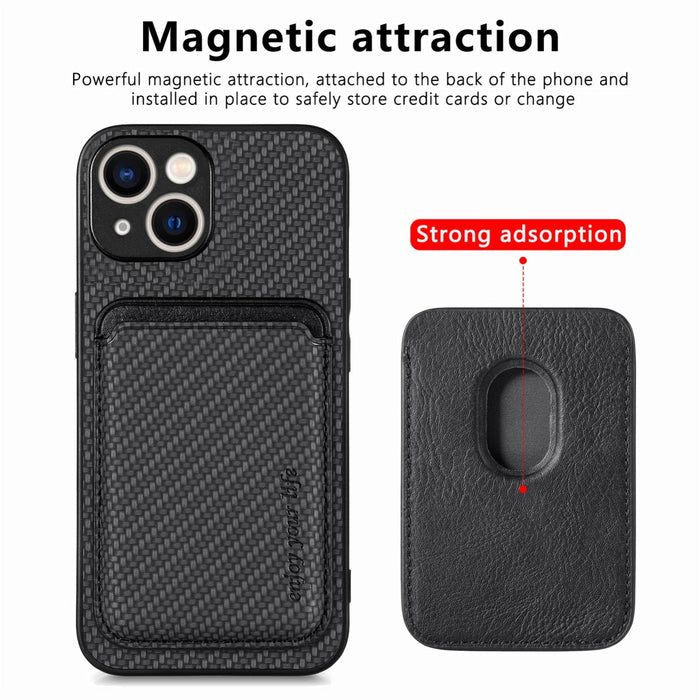 For Iphone 15 Carbon Fiber Leather Card Magsafe Phone Case