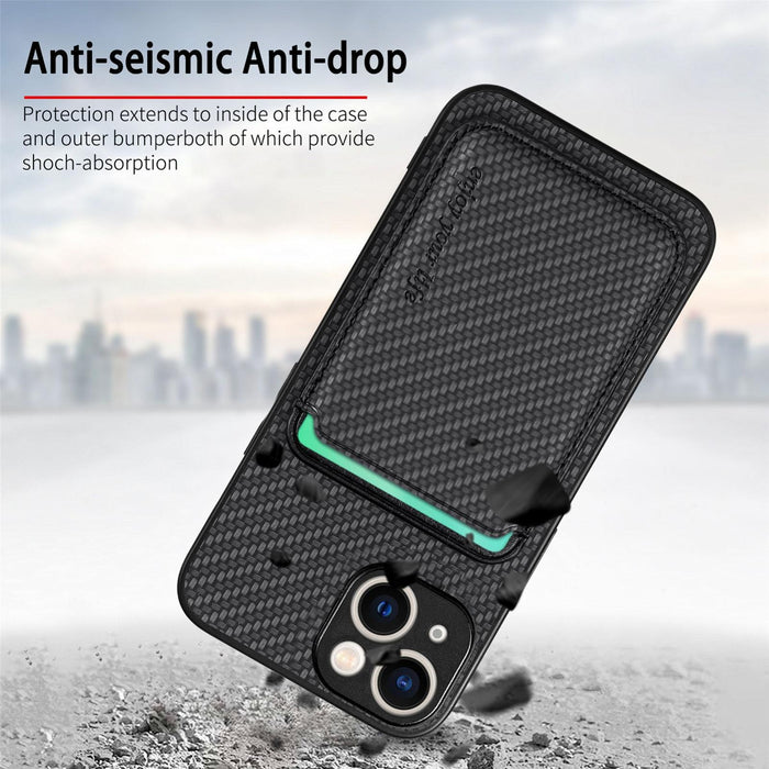 For Iphone 15 Carbon Fiber Leather Card Magsafe Phone Case