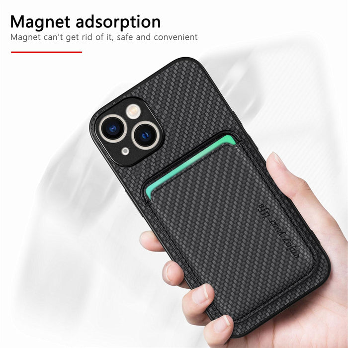 For Iphone 15 Carbon Fiber Leather Card Magsafe Phone Case