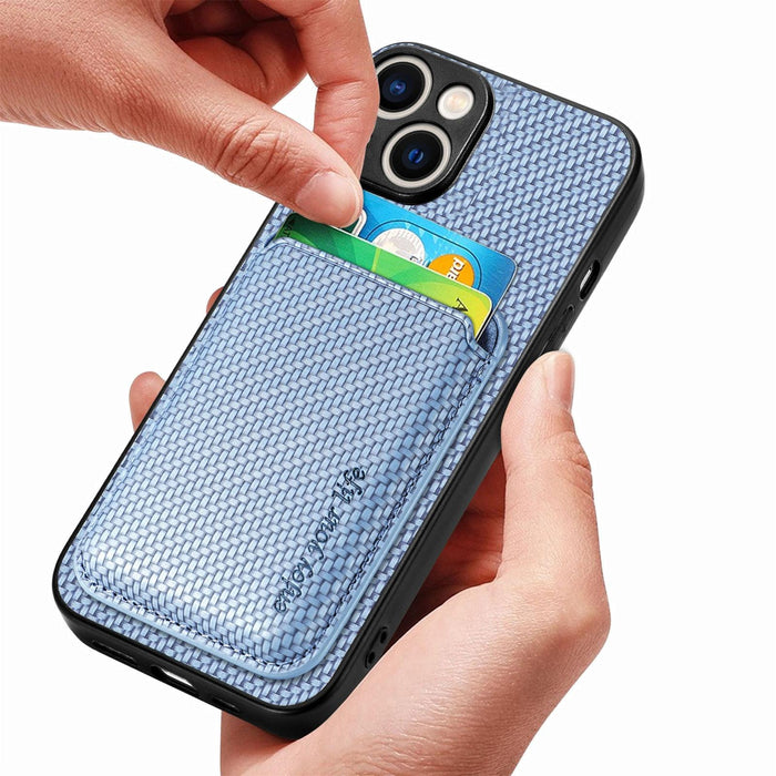For Iphone 15 Carbon Fiber Leather Card Magsafe Phone Case