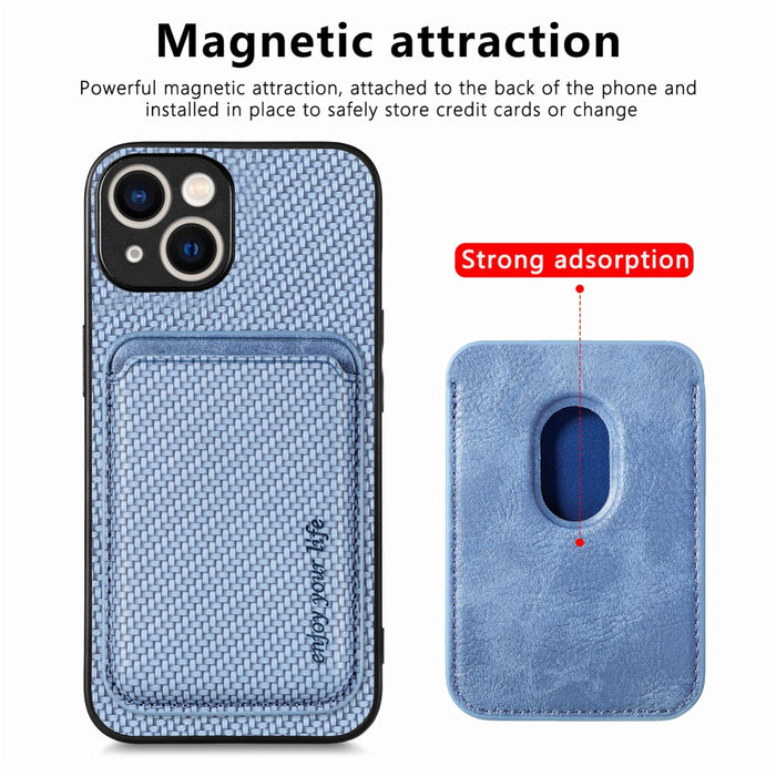 For Iphone 15 Carbon Fiber Leather Card Magsafe Phone Case