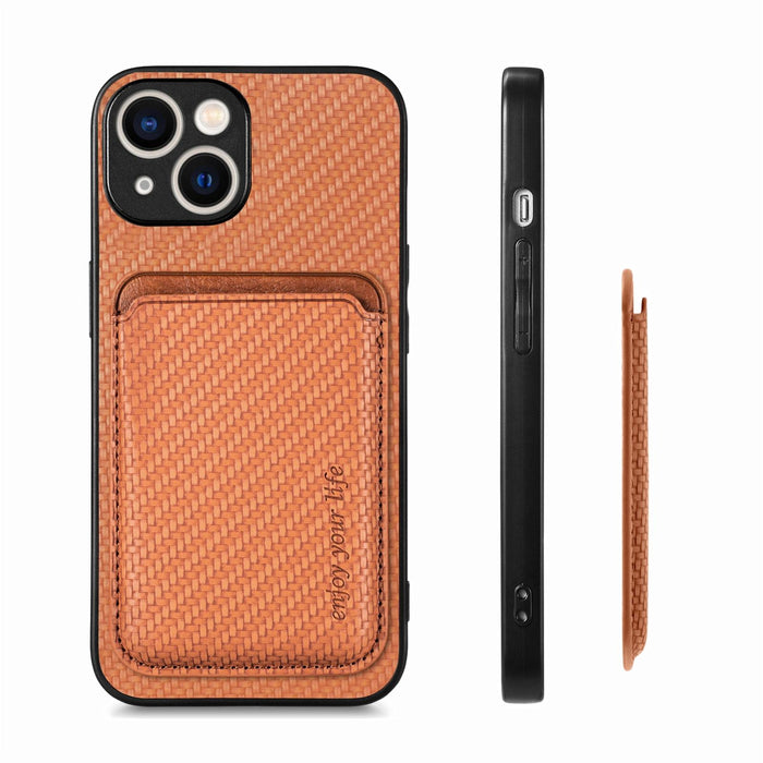 For Iphone 15 Carbon Fiber Leather Card Magsafe Phone Case