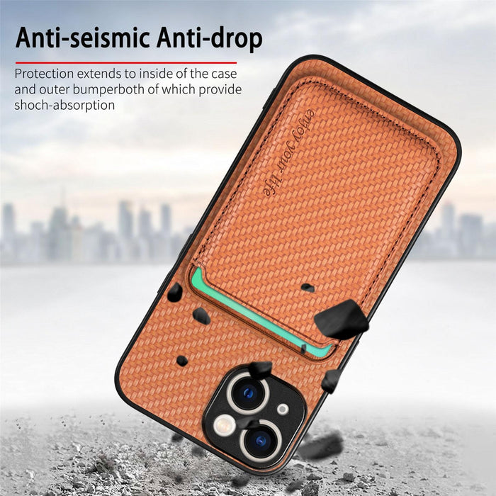 For Iphone 15 Carbon Fiber Leather Card Magsafe Phone Case