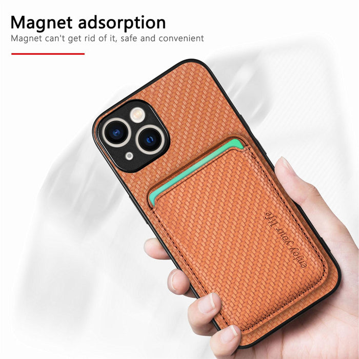 For Iphone 15 Carbon Fiber Leather Card Magsafe Phone Case