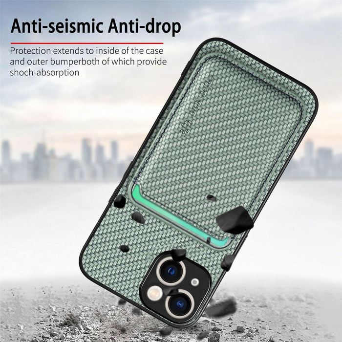 For Iphone 15 Carbon Fiber Leather Card Magsafe Phone Case