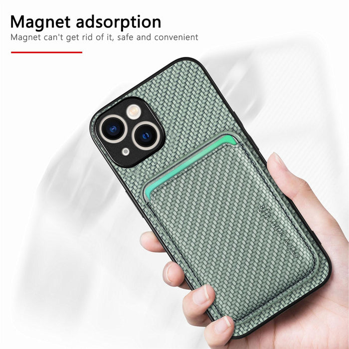 For Iphone 15 Carbon Fiber Leather Card Magsafe Phone Case