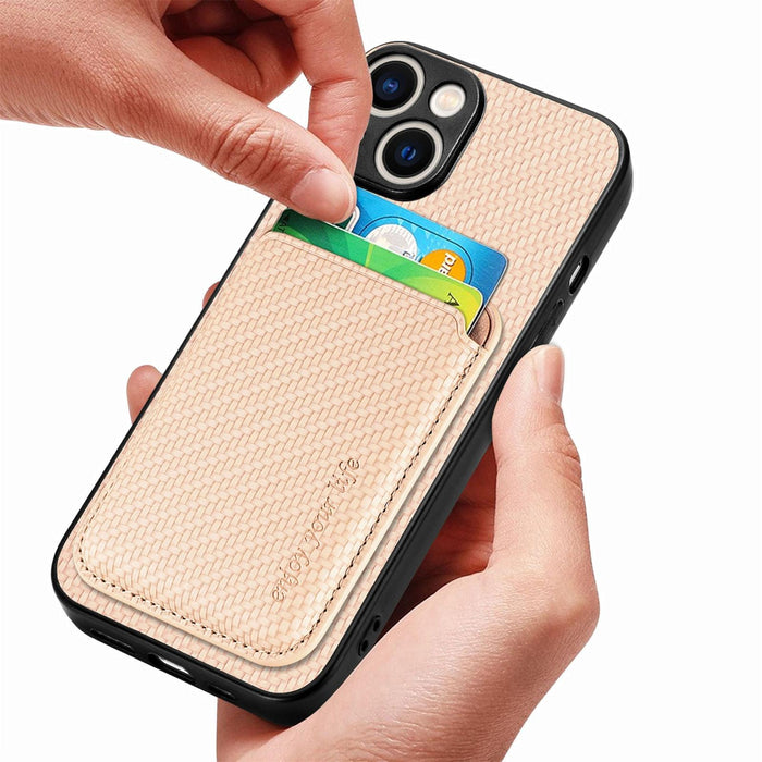 For Iphone 15 Carbon Fiber Leather Card Magsafe Phone Case