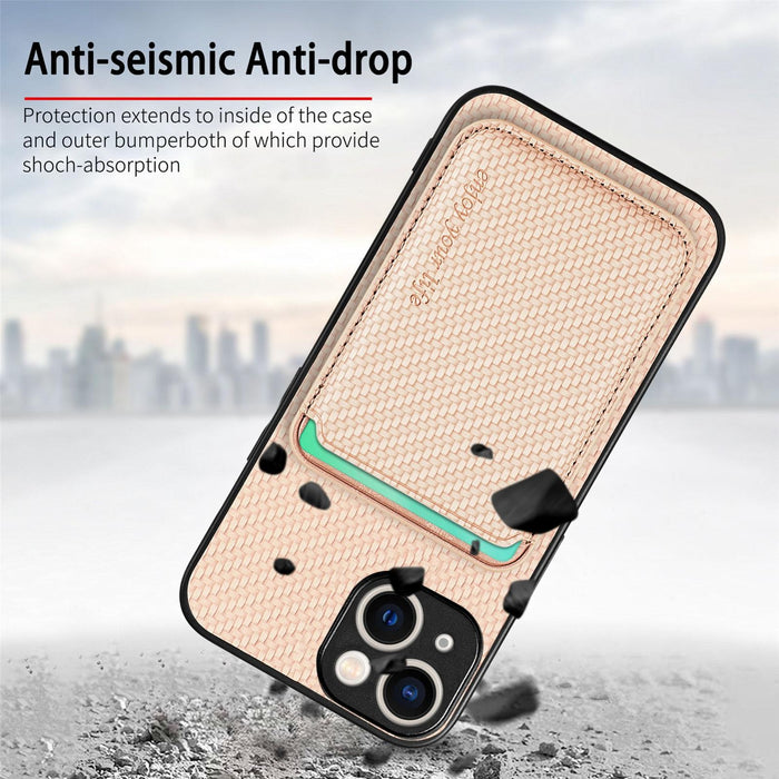 For Iphone 15 Carbon Fiber Leather Card Magsafe Phone Case