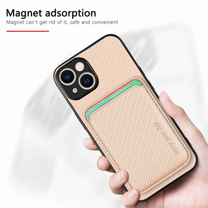 For Iphone 15 Carbon Fiber Leather Card Magsafe Phone Case