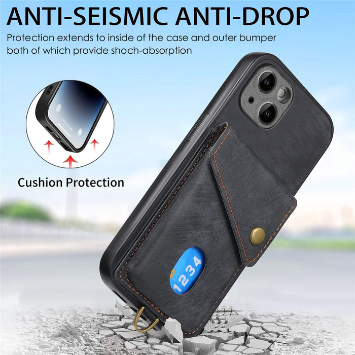 For Iphone 15 Retro Card Wallet Fold Leather Phone Case With Strap