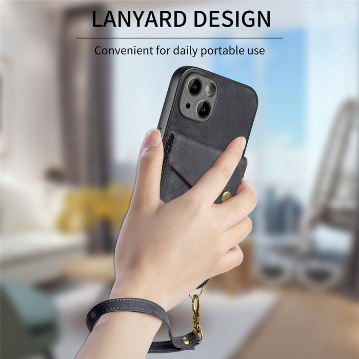 For Iphone 15 Retro Card Wallet Fold Leather Phone Case With Strap