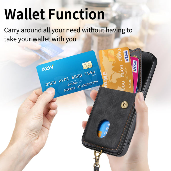 For Iphone 15 Retro Card Wallet Fold Leather Phone Case With Strap