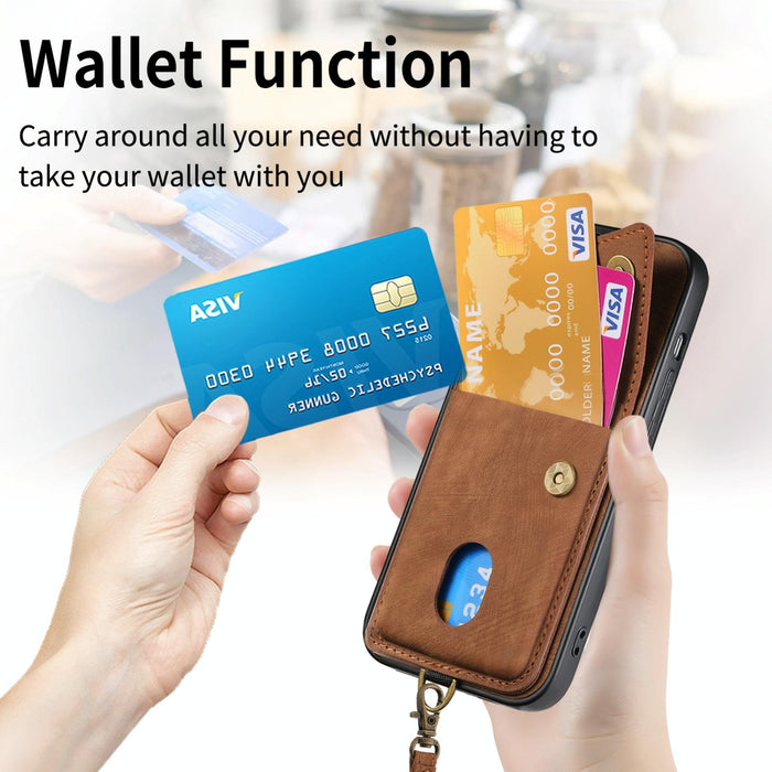 For Iphone 15 Retro Card Wallet Fold Leather Phone Case With Strap